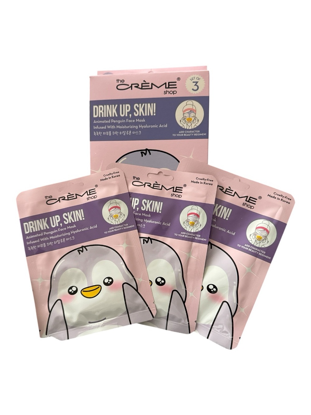 The Crème Shop Drink Up Penguin Hyaluronic Acid Face Mask 3pk NIB